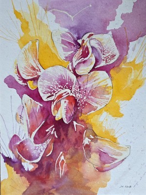 Aquarellbild abstrakter Orchideen in Rosa- und Blautönen